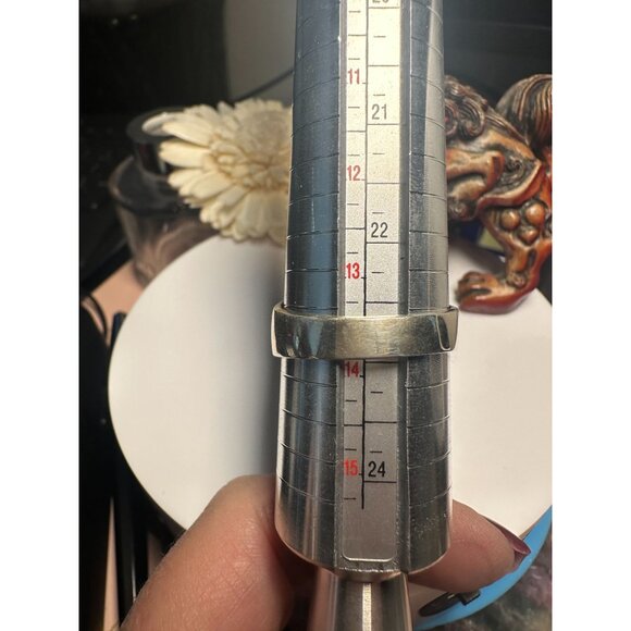 Sterling Silver Turquoise Stone Ring By Malesis Size 13 With Unique Grid Design - Picture 6 of 7